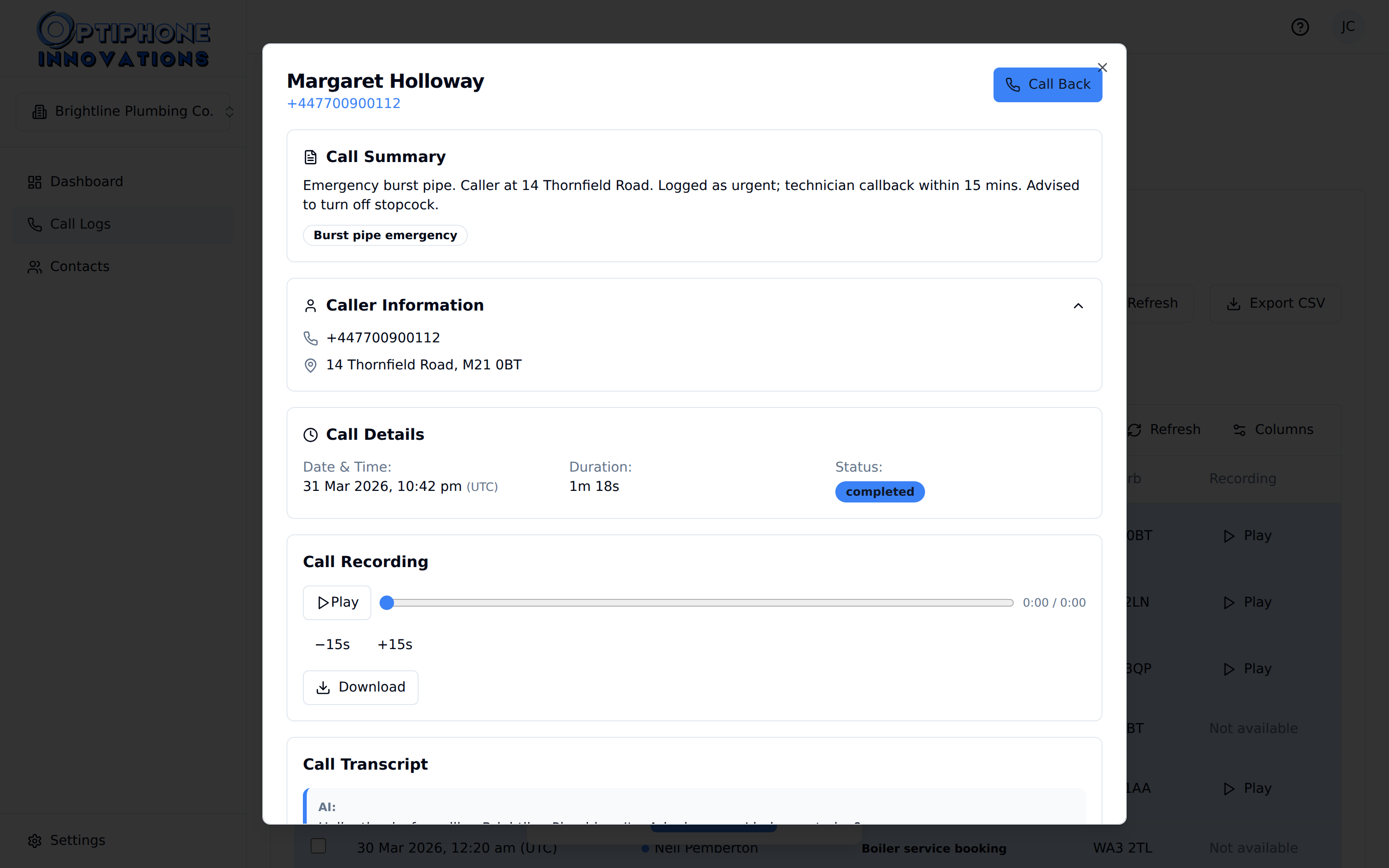 Optiphone call details modal showing transcript, booking information and approval controls